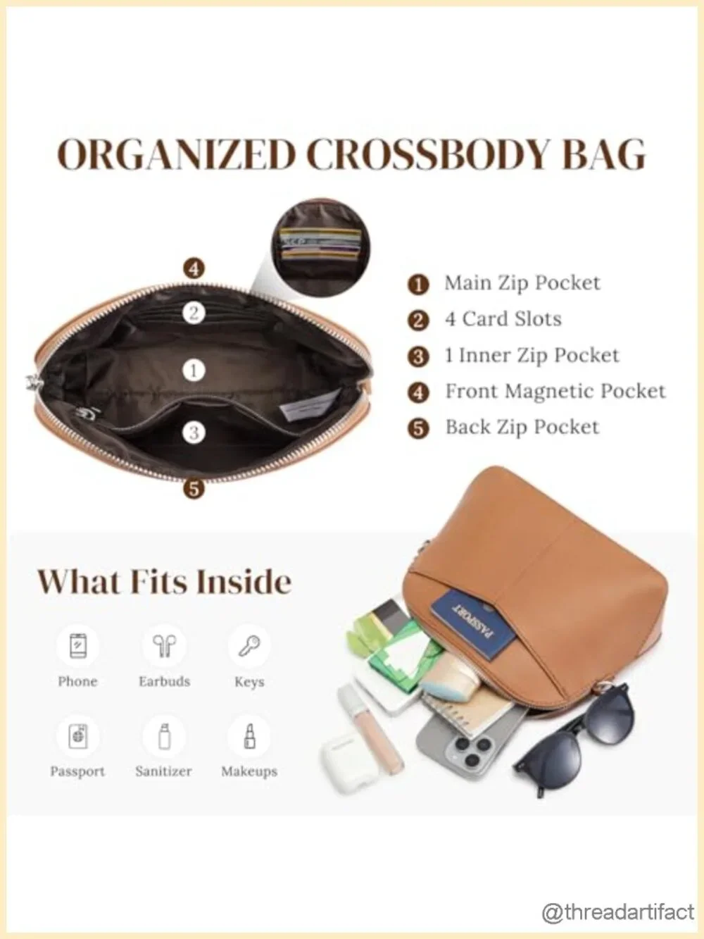 Compact Vegan Leather Crossbody Bag with 8 Compartments